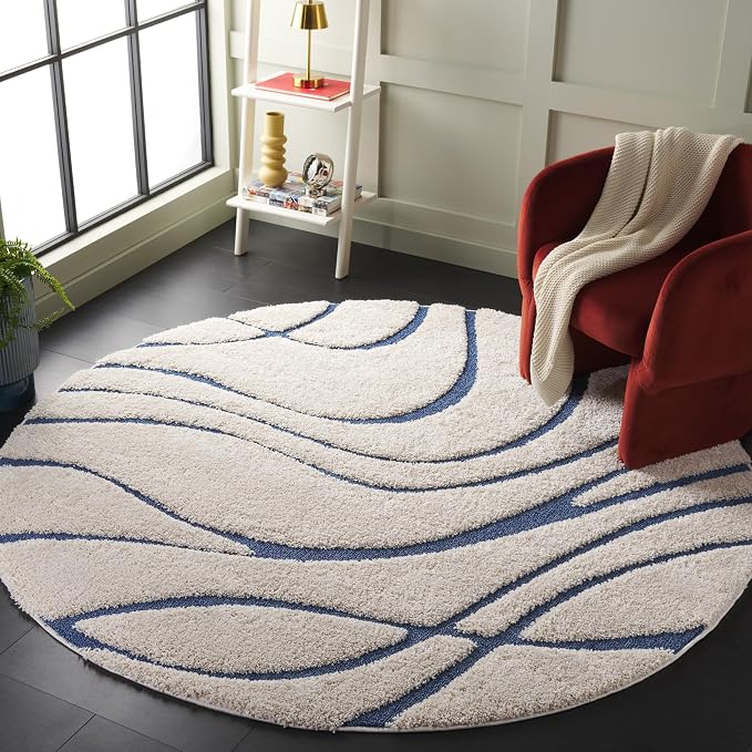 SAFAVIEH Florida Shag Collection 8' Round Cream/Blue SG471 Abstract Wave by SAFAVIEH