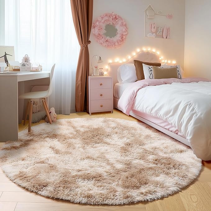 ONASAR Tie-Dye Beige Round Area Rug 4ft, Soft Bedroom Circle Rugs Floor Mats - Image 3