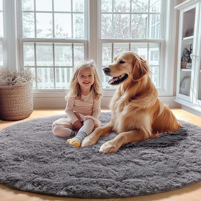 ONASAR Grey Round Area Rugs 5ft, Fluffy Plush Shaggy Carpet - Image 7