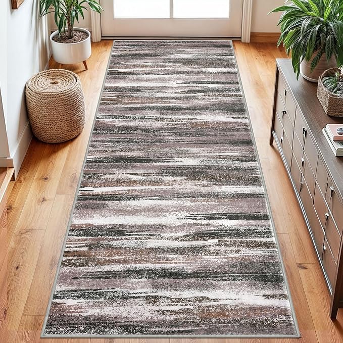 Modern Abstract Runner Rug 2.6x8, Dark Light Brown White Washable Kitchen by lansny
