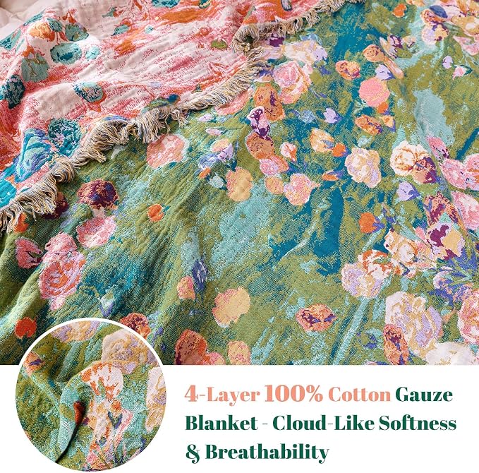 MSGKV Boho Throw Blanket for Couch Cotton Floral Blanket 50"x60" for Sofa Chair - Image 4