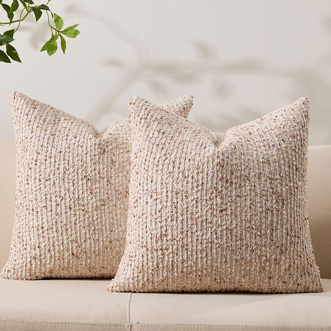 Decorative Couch Throw Pillow Covers 20x20 Set of 2 Beige Striped Soft Wool by Allorry