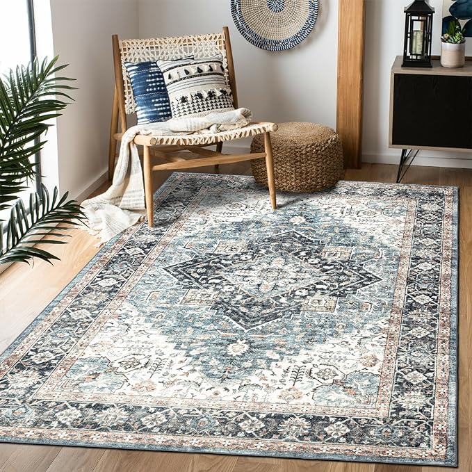 Area Rug 4×6, Vintage Boho Rug, Ultra-Soft Low Pile, Non Slip, Stain Resistant by DomitapisRug