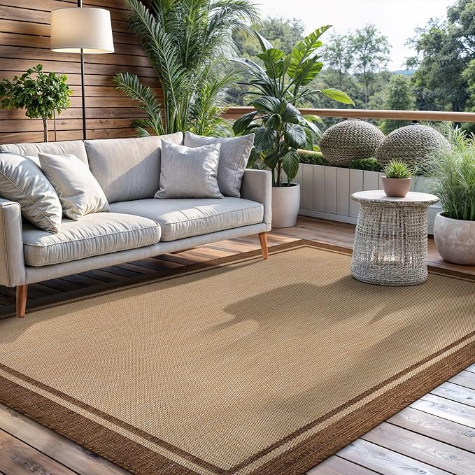 CAMILSON Outdoor Rug 5x7 Bordered Natural Brown Modern Area Rugs - Image 9