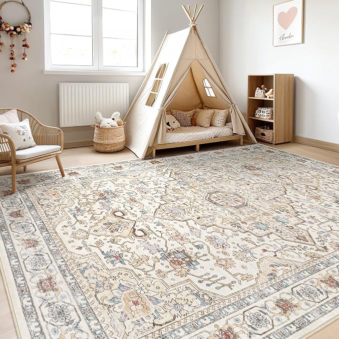9x12 Area Rug Living Room: Washable Boho Large Neutral Vintage Soft Rugs Stain - Image 5