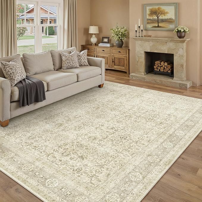 Vintage Area Rug 8x10 Beige Washable Living Room Large Carpet Non Slip Bedroom by PureCozy