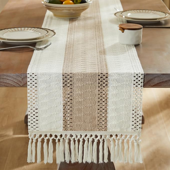 ZeeMart Macrame Style Bicolor Stitching Table Runner, 14 x 60 Inch Taupe/Ivory - Image 3