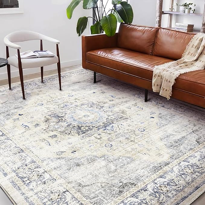 Washable Area Rug 8'x10' Floral Blue Boho Design Non-Shedding Non-Slip Easy - Image 3