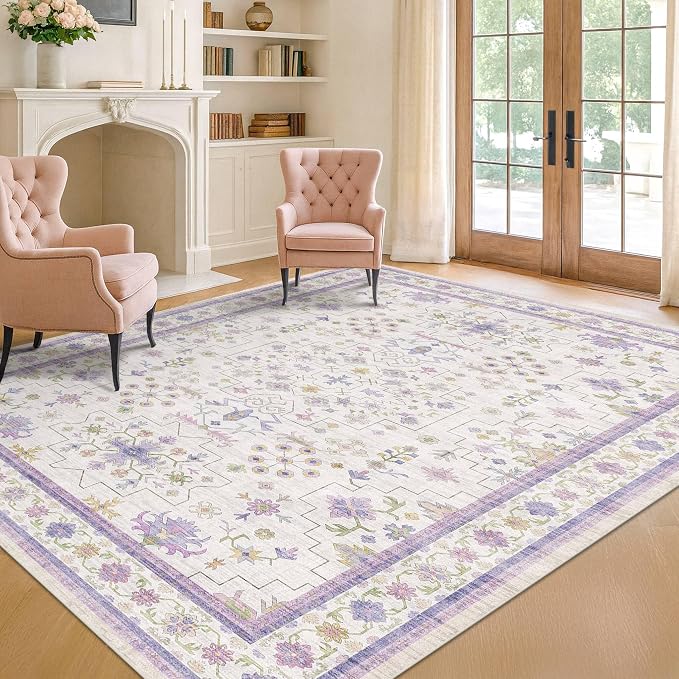 Purple Rugs for Girls Bedroom, Non Slip Machine Washable 4x6 Floral Area Rug by HazoHaus