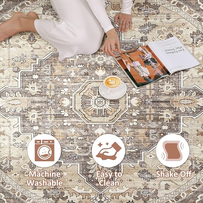 Round Rug Living Room Rugs: 8Ft Washable Boho Neutral Large Circle Soft Indoor - Image 2