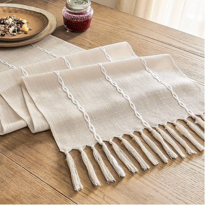 ZeeMart Farmhouse Braided Striped Table Runner, Rustic Cream Table Runners 90 - Image 7