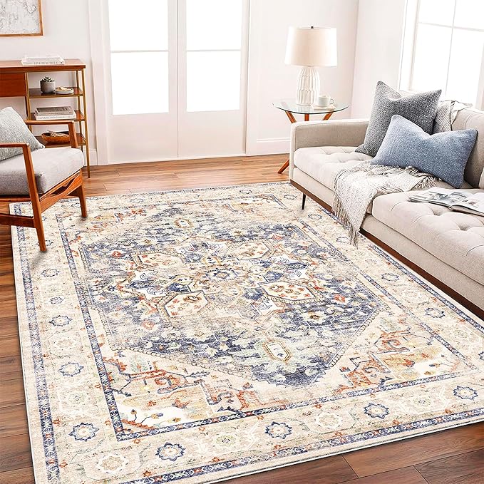 Area Rug 6'x9' Blue Khaki Washable Vintage Traditional Floor Cover Thin Retro by CHAMPLANT