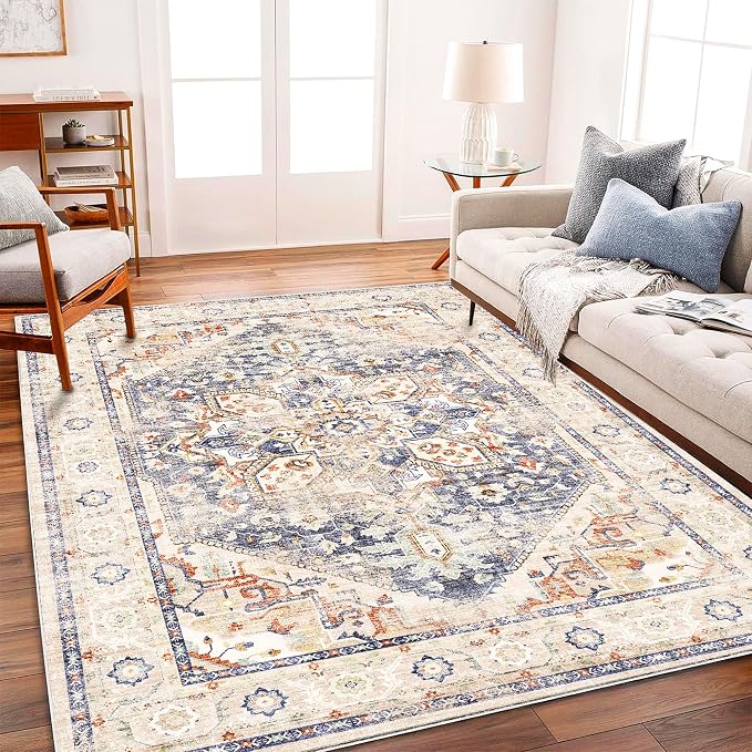Washable Area Rug 8'x10' Blue Khaki Retro Boho Design Non-Shedding Non-Slip - Image 2