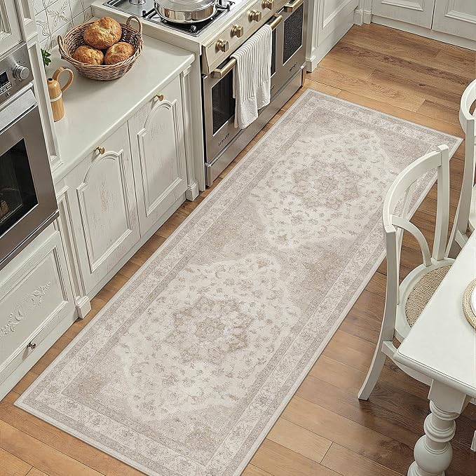 Beige Runner Rug 2x5 Washable Vintage Carpet Hallway Kitchen Soft Retro Low - Image 5