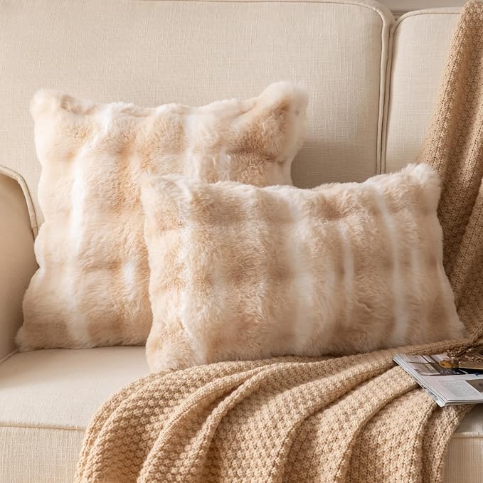 Pack of 2 Thick Plush Throw Pillow Covers Fluffy Wave Faux Fur Decorative - Image 2