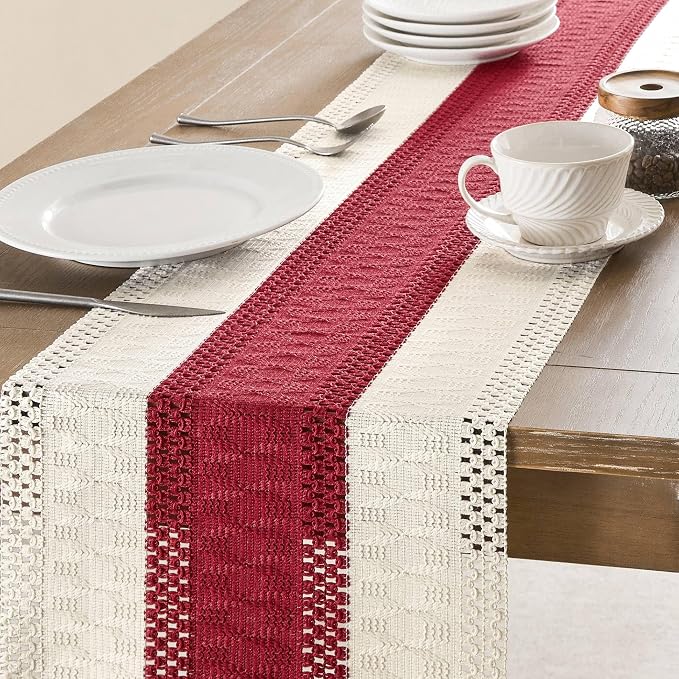 ZeeMart Macrame Style Bicolor Stitching Table Runner, 14 x 36 Inch Red/Ivory - Image 4