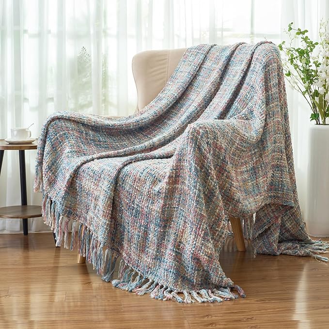 Multi-Color Pink Blue Cable Knitted Throw Blanket - Image 6