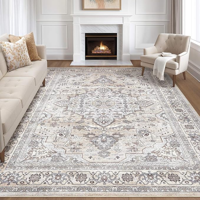 7x10 Area Rug Living Room: Washable Boho Large Neutral Vintage Soft Rugs Stain by LOONGRUG