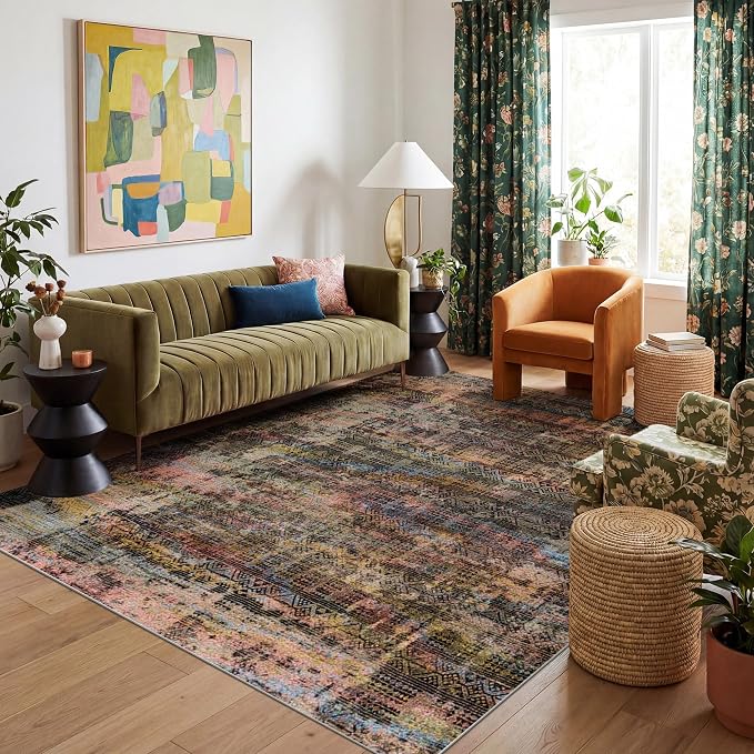 Kokia Abstract Area Rugs Washable Indoor 6x9 Rug Boho Distressed Retro Low Pile by Kokia