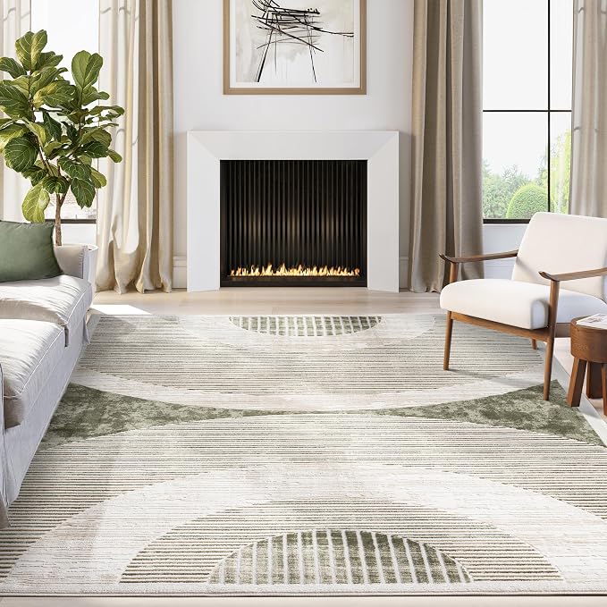 Abani Mid-Century Green Arch Washable Area Rug – 6' x 9' – Modern Geometric by Abani