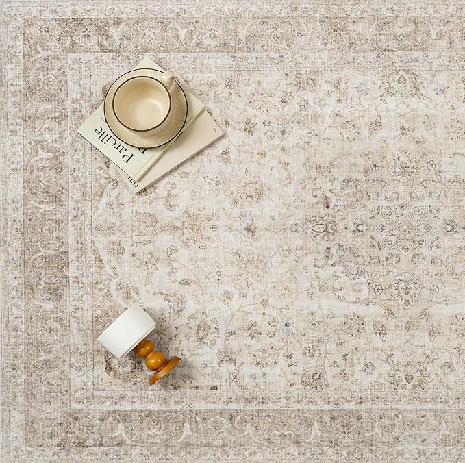 Beige Area Rug 8x10 for Living Room Washable Vintage Carpet Low Pile Non Slip - Image 5