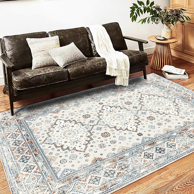 Washable Area Rug 5x7 Retro Boho Chic Medallion Distressed Design by CHAMPLANT