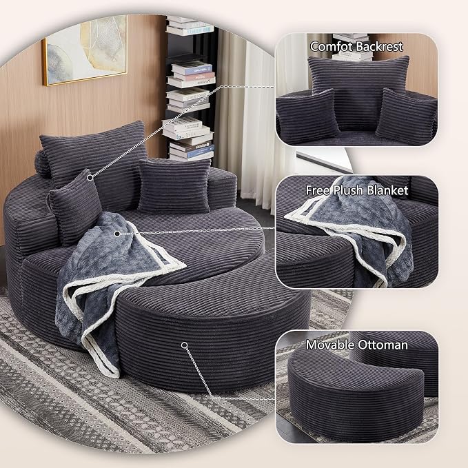 55.11" W Oversized Round Chaise Lounge Chair, Deep Seat Corduroy Cloud - Image 4
