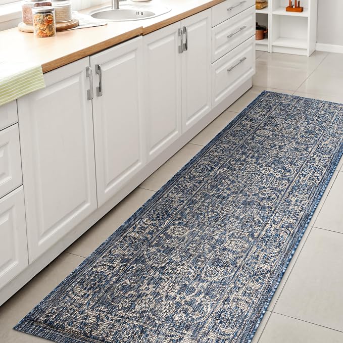 JONATHAN Y Weave Floral Indoor Outdoor Runner Rug 2X8 Navy/Gray, Tela Bohemian by JONATHANY