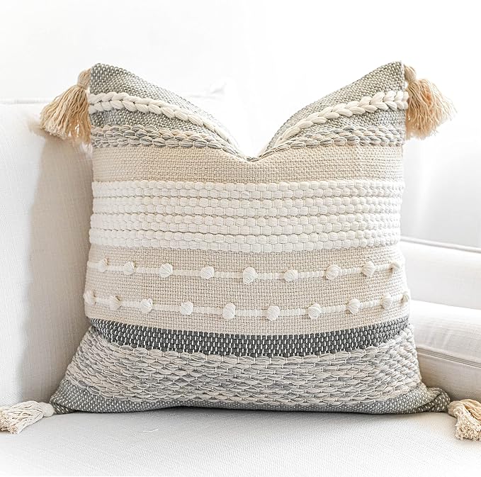BlissBlush Gray Boho Throw Pillow Cover 18x18 Grey Decorative Accent Pillow by BlissBlush