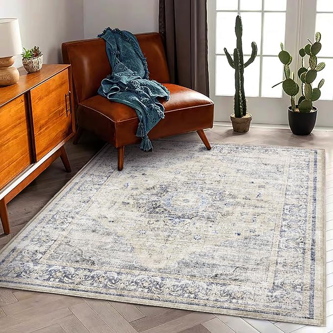 Washable Area Rug 4'x6' Floral Blue Traditional Floor Cover Foldable Thin Rugs by CHAMPLANT