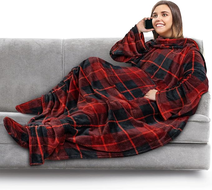 PAVILIA Fleece Blanket with Sleeves, Foot Pockets by PAVILIA