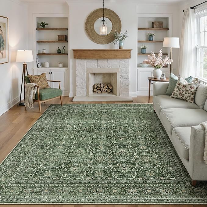 Area Rug 8x10 Green Washable Living Room Carpet Soft Non Slip Vintage Bedroom by PureCozy
