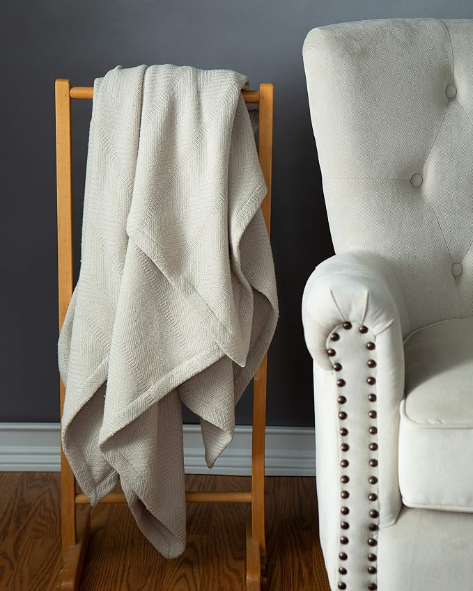 Sticky Toffee Cotton Throw Blanket, 60 x 50 Inch, Tan Beige Herringbone Weave - Image 2