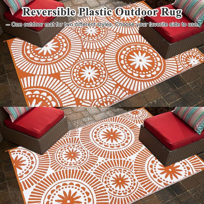 Ileading Outdoor Plastic Straw Rug 6x9ft Modern Geometric Style Reversible - Image 3