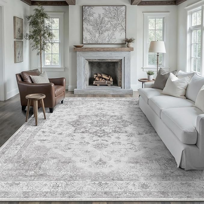 Grey Gray Area Rug 6x9 Washable Vintage Carpet - Image 6