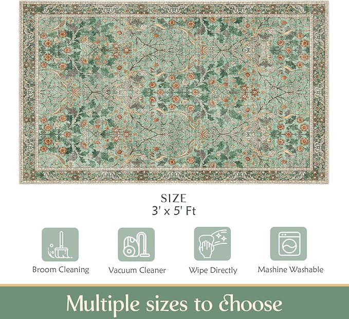 MUJOO 3x5 Green Rug Washable, Floral Area Rug - Image 2