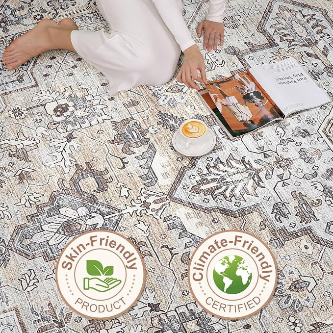 6x8 Area Rug Living Room: Washable Boho Large Neutral Vintage Soft Rugs Stain - Image 8