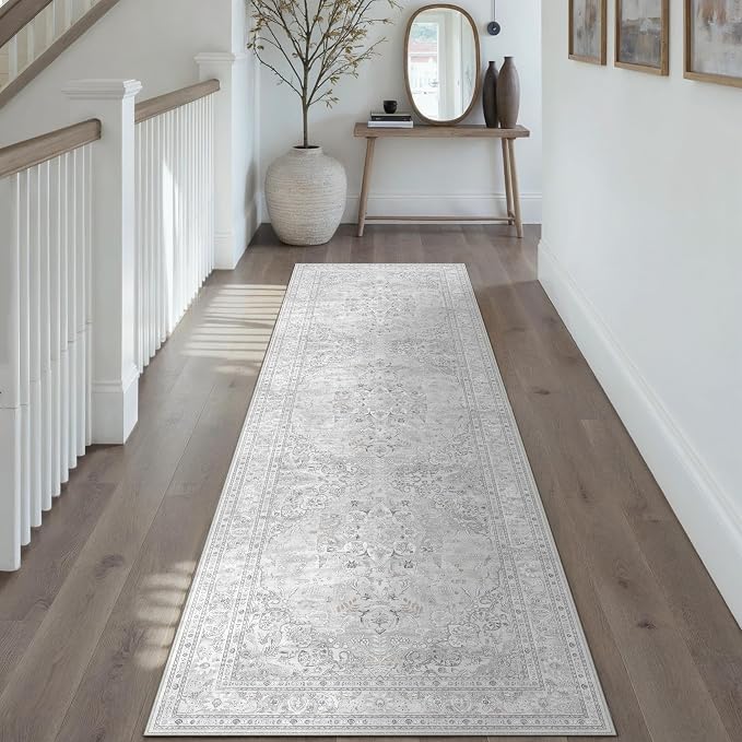 Grey 2x8 Runner Rug Washable Vintage Long Carpet - Image 3