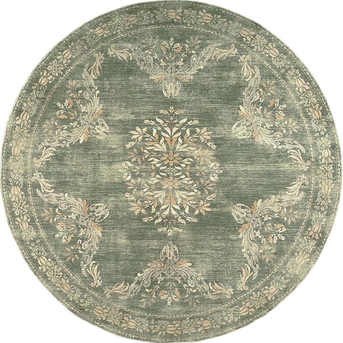 jinchan Round Rug 5ft Area Rugs Vintage Floral Distressed Design Machine - Image 8