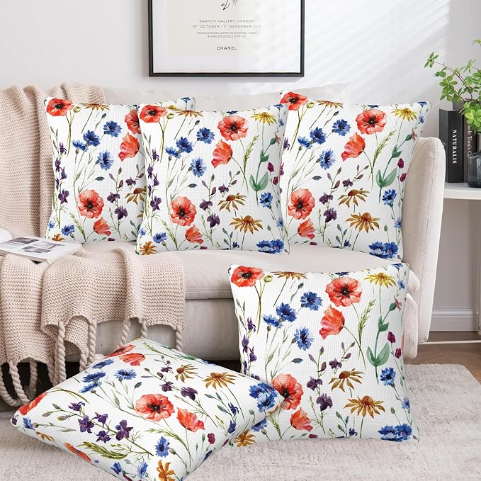 Wildflowers Throw Pillow Covers Set of 2 Watercolor Poppy Pillow Covers 18x18 - Image 6