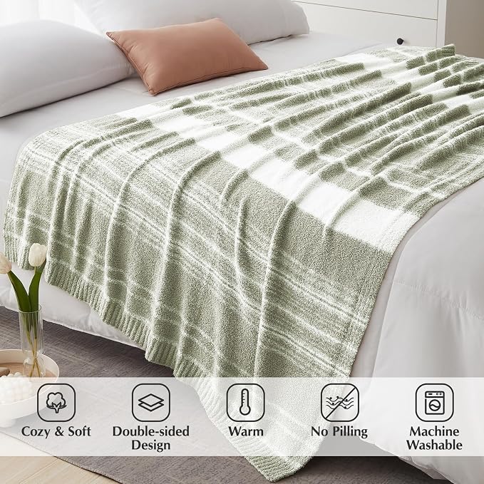 WRENGONGE Sage Green Throw Blanket, 60x80 Soft Cozy Striped Throw Blankets - Image 2