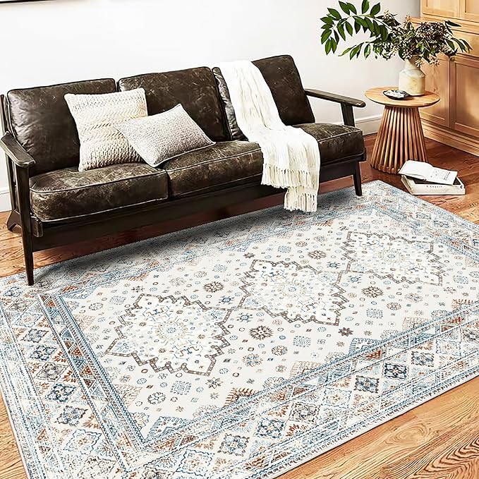 Washable Area Rug 5x7 Retro Boho Chic Medallion Distressed Design - Image 2