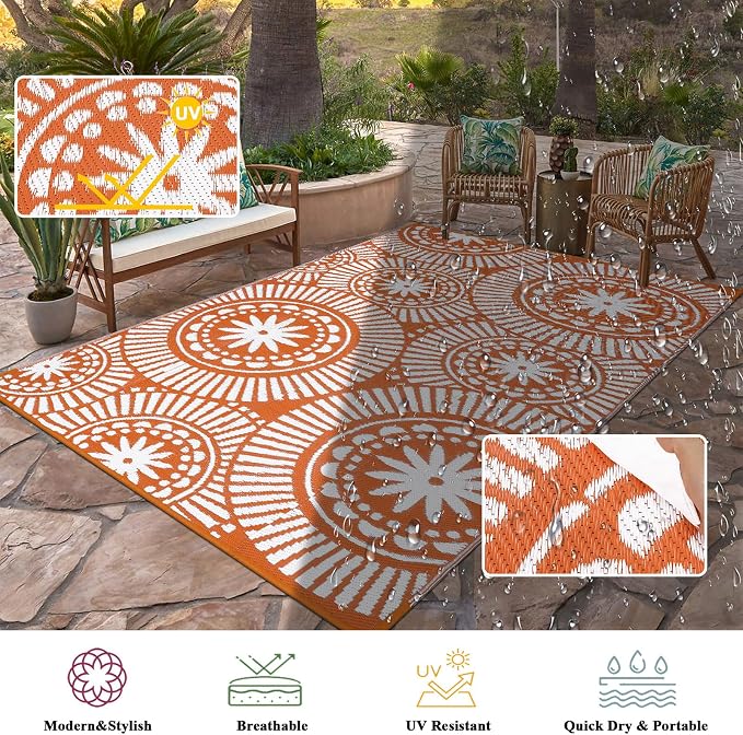 Ileading Outdoor Plastic Straw Rug 6x9ft Modern Geometric Style Reversible - Image 4