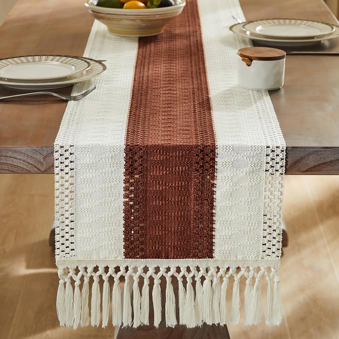 ZeeMart Macrame Style Bicolor Stitching Table Runner, 14 x 90 Inch - Image 3