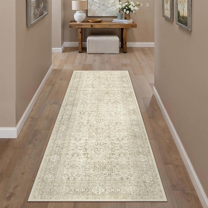 Beige Runner Rug 2x6 Vintage Area Carpet Hallway Long Indoor Kitchen Washable by PureCozy