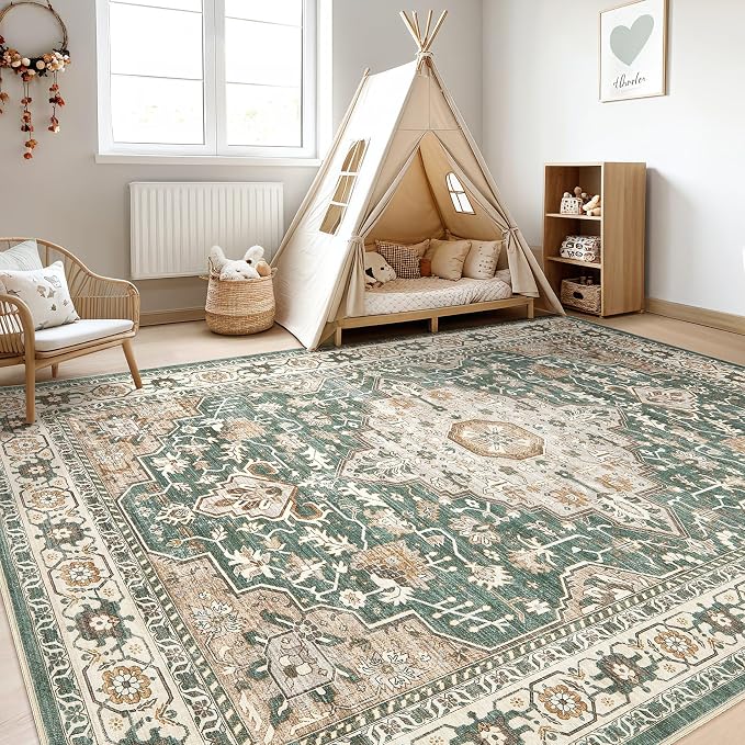 Green Rug Living Room Rugs: 10x13 Washable Boho Large Vintage Soft Stain - Image 5