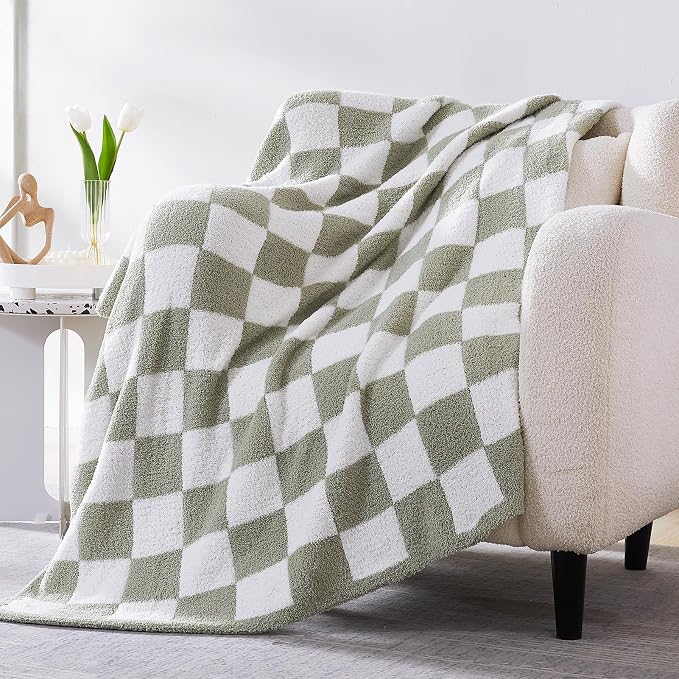 WRENSONGE Checkered Throw Blanket, Sage Green Soft Cozy Fluffy Warm Hand Made - Image 6