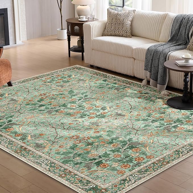 MUJOO Green 5x7 Area Rugs, Floral Washable Rug - Image 7