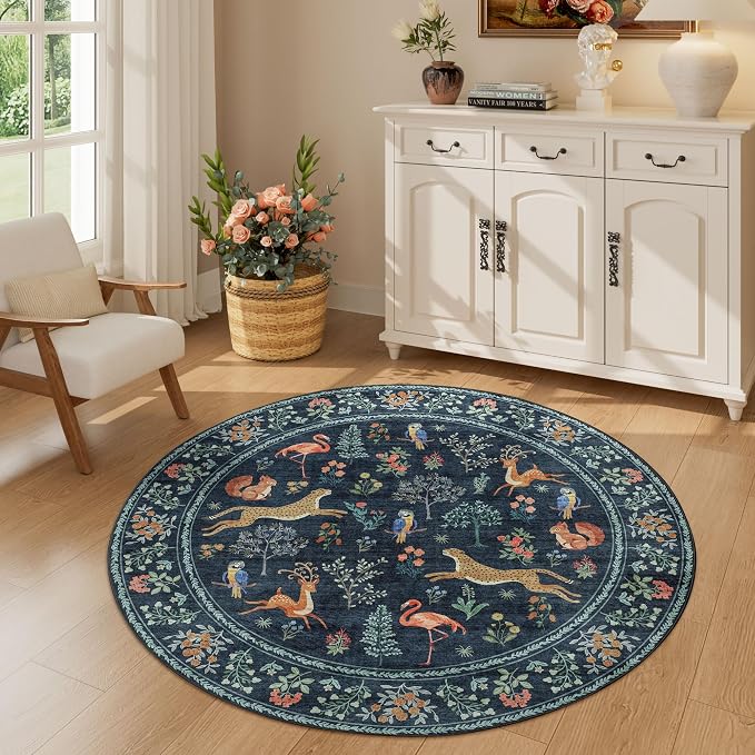 DUKINO 4ft Round Rug, Washable Round Area Rug, Non Slip Indoor Low Pile Animal - Image 3