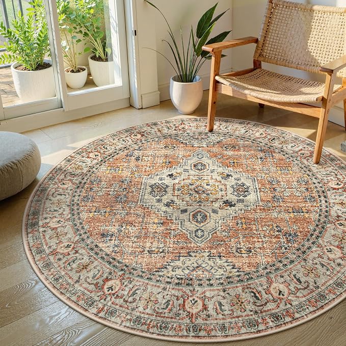 Lahome Oriental Washable Round Area Rug, Non-Slip Round Rugs 6ft Ultra-Thin by Lahome
